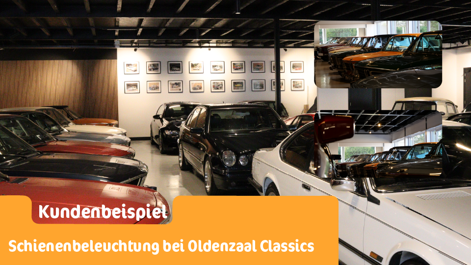 3-fase railverlichting in de showroom van Oldenzaal classics