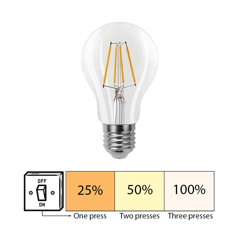 LED Filament lamp 6W | A60 | Helder | 3-step Dimbaar | E27 | 2700K - Warm wit | 3 stap illustratie