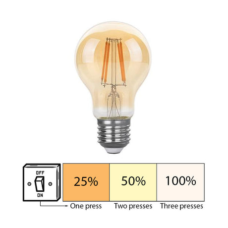 LED Filament lamp 6W | A60 | 3-step Dimbaar | E27 | 2700K - Warm wit | 3 stap illustratie