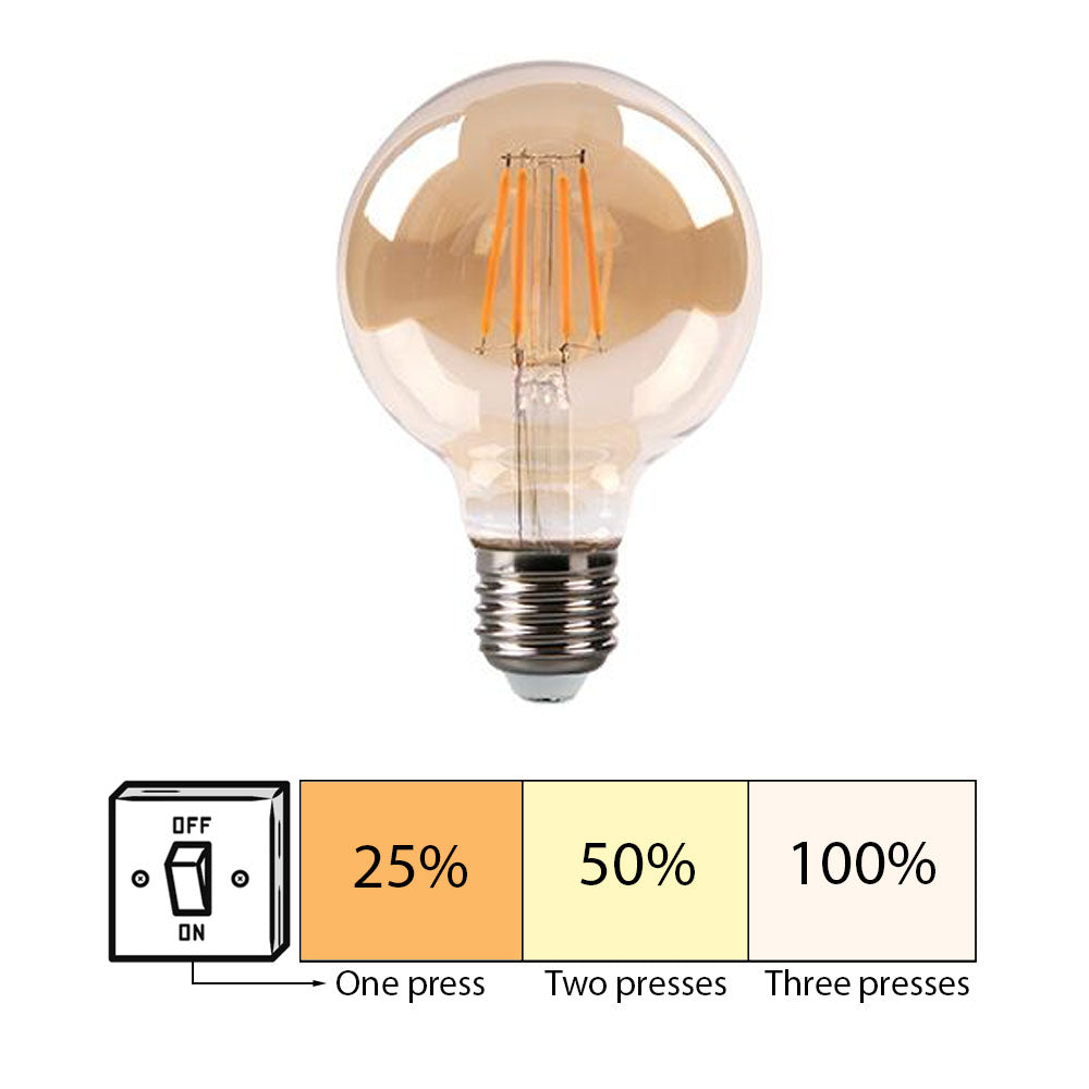 LED-Filamentlampe mit bernsteinfarbenem Glas in der Frontansicht, ausgestattet mit E27-Fassung und dreistufiger Dimmfunktion über Wandschalter (25 %, 50 %, 100 %).