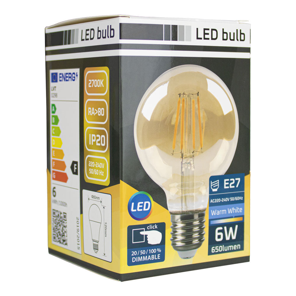 Verpackung einer LED-Lampe E27 6W mit warmweißem Licht (2700K), 650 Lumen und Dimmfunktion (20/50/100%), Frontansicht der Box mit Angaben wie Energieklasse F, IP20, RA>80 und Abmessungen 60mm x 120mm.