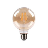 Bernsteinfarbene LED-Filamentlampe mit E27-Fassung in Kugelform, Frontalansicht.