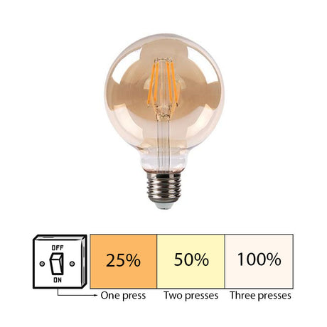 LED Filament lamp 6W | G95 | 3-step Dimbaar | E27 | 2700K - Warm wit | 3 stap illustratie