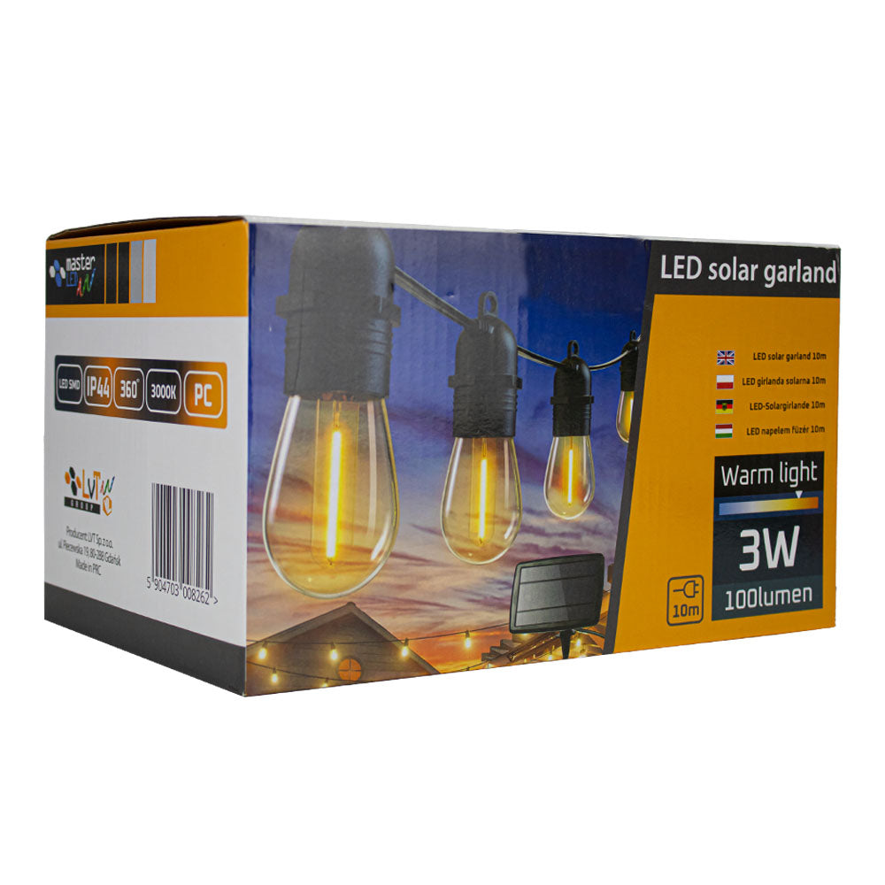 Produktverpackung einer 10 Meter langen LED-Solargirlande mit warmem Licht, 3 W Leistung und 100 Lumen, mit einer Ansicht der Vorder- und Seite der Box, die die Beleuchtung, Spezifikationen und das Stimmungsbild zeigt.