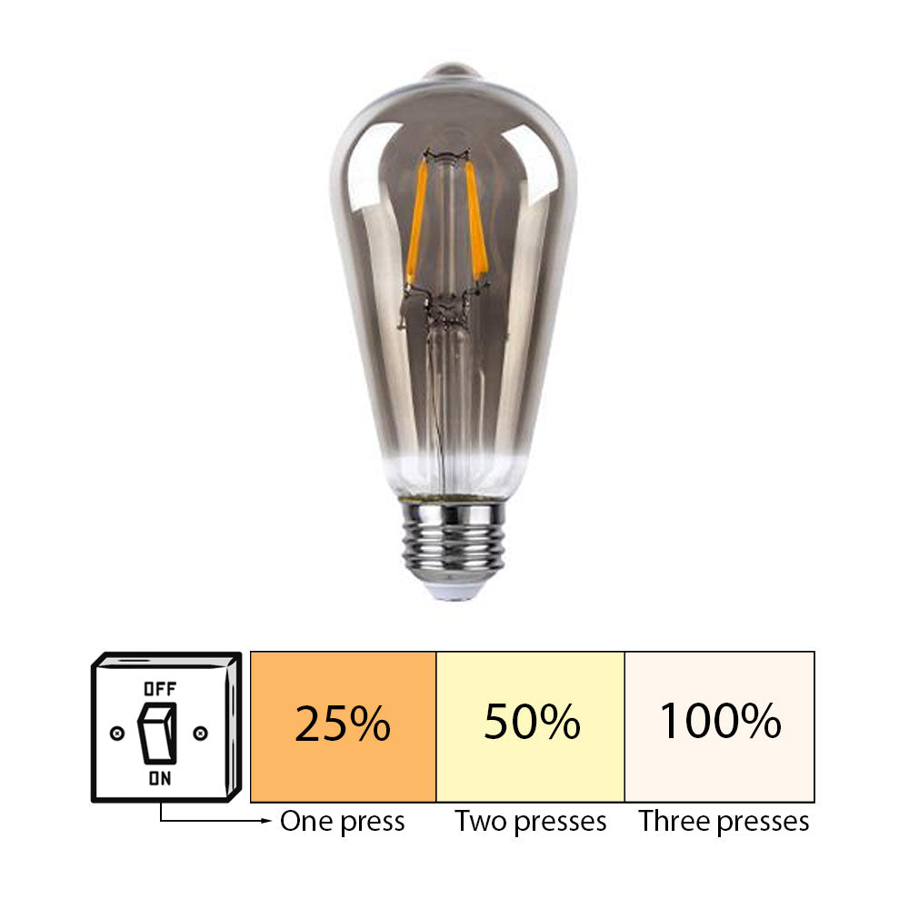 LED Smoked Filament lamp | 6W | ST64 | 3-step Dimbaar | E27 | 2700K - Warm wit | Uit foto | 3 stap illustratie