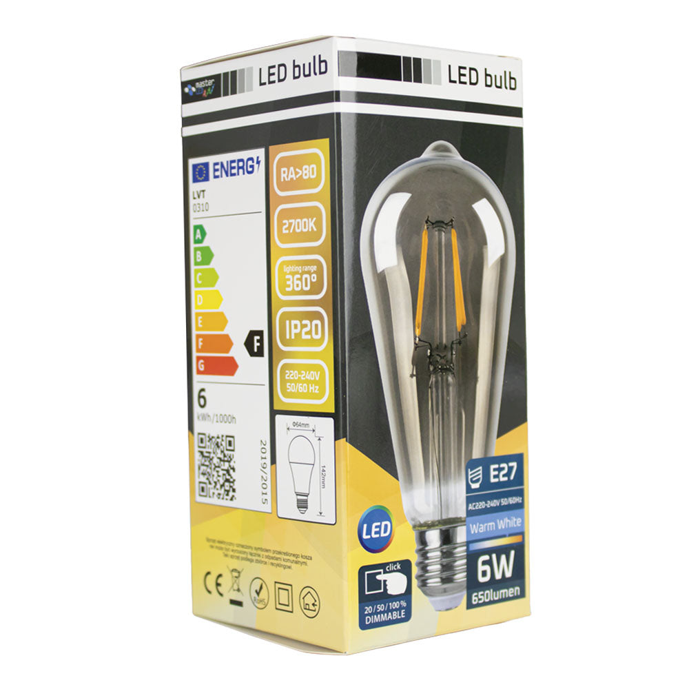 LED Smoked Filament lamp | 6W | ST64 | 3-step Dimbaar | E27 | 2700K - Warm wit | Doos