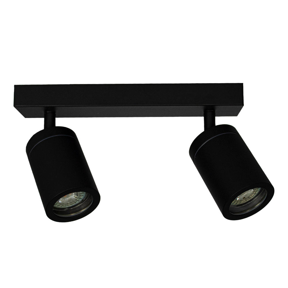 Schwarzer Deckenstrahler mit zwei verstellbaren Zylinderlampen, modernes Design – Vorderansicht des doppelt verstellbaren Strahlers.