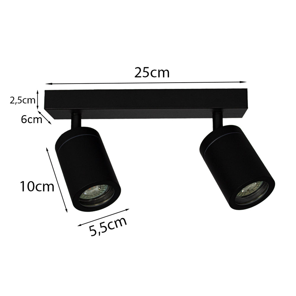 Schwarzer verstellbarer Deckenstrahler mit zwei Lichtquellen, Maße 25 cm Breite, 10 cm Höhe und 5,5 cm Durchmesser pro Strahler, Vorderansicht mit deutlicher Größenmarkierung.