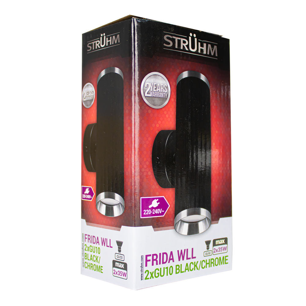 Produktverpackung der STRÜHM FRIDA WLL Wandleuchte, 2xGU10-Fassung in Schwarz/Chrom-Ausführung, schräge Vorderansicht der Box mit Ansicht des Produktbildes, der Spezifikationen und des Brandings.