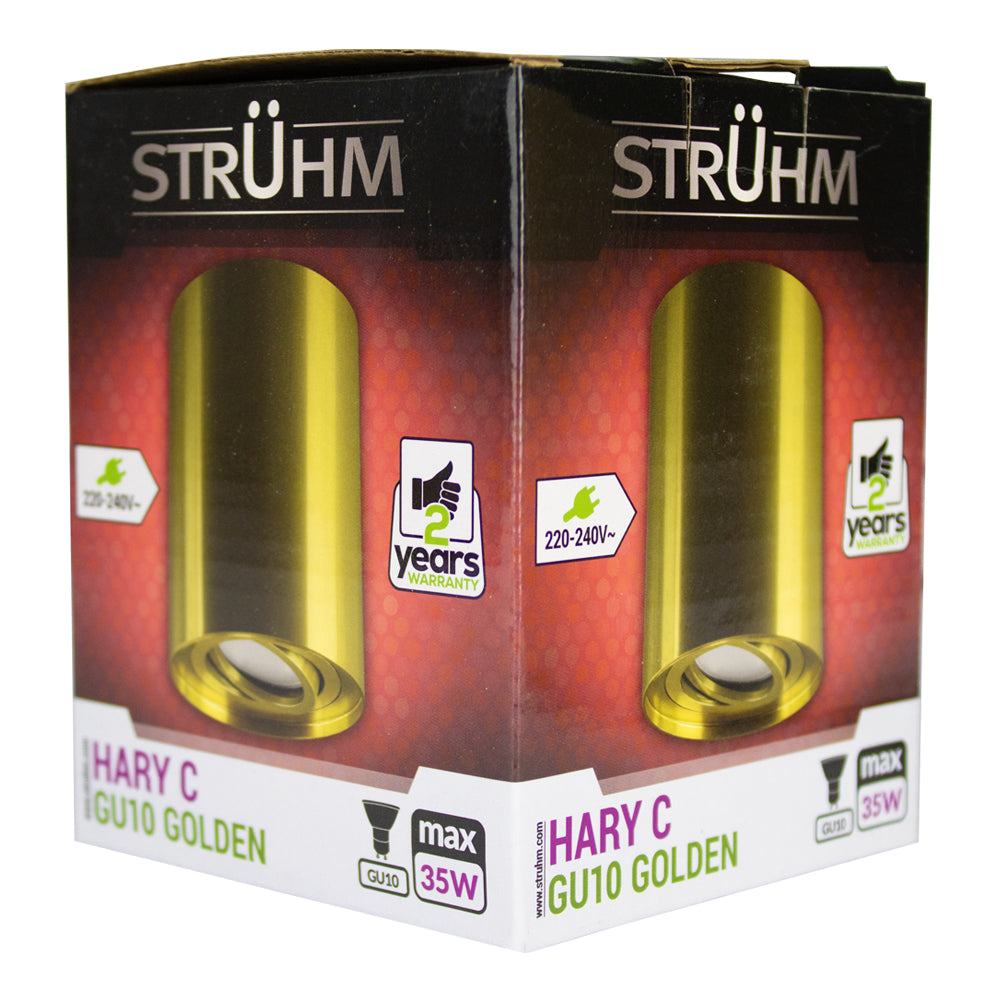 Produktverpackung des Strahlers STRÜHM HARY C GU10 GOLDEN, geeignet für eine GU10-Fassung mit einer maximalen Leistung von 35 W, Seitenansicht der Verpackung mit deutlichem Produktbild, Markenname, Garantieinformationen und Spannungsangabe (220–240 V).