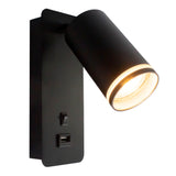 LED wandlamp - Bedlamp met USB-poort - GU10 fitting - zwart - vooraanzicht - lamp aan