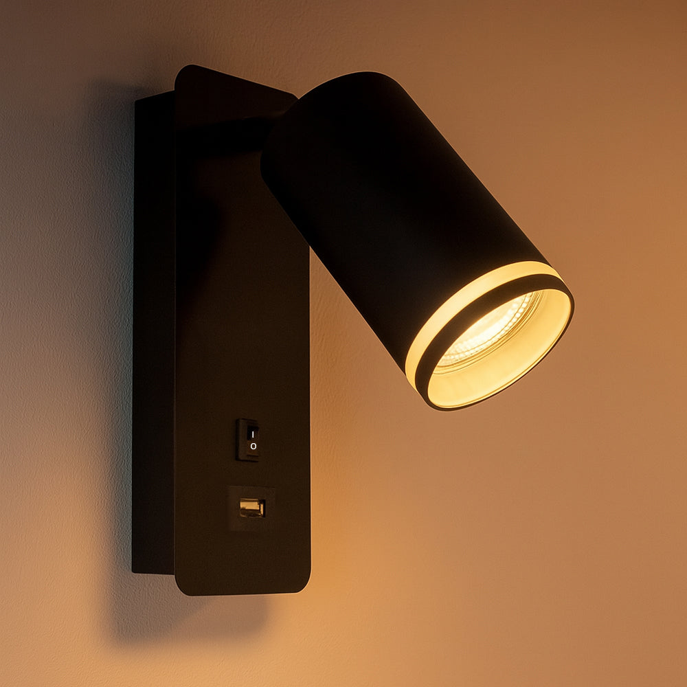 LED-Wandleuchte - Nachttischleuchte mit USB-Anschluss | GU10-Fassung | Schwarz
