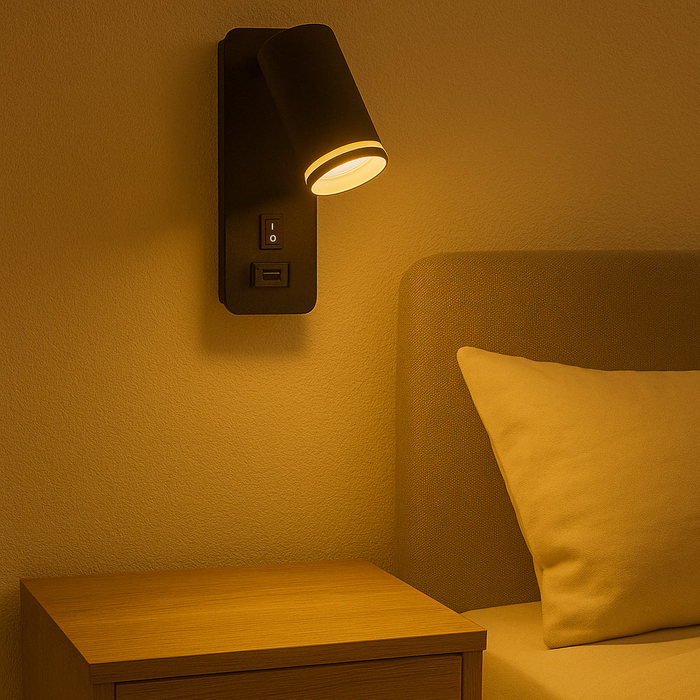 LED-Wandleuchte - Nachttischleuchte mit USB-Anschluss | GU10-Fassung | Schwarz