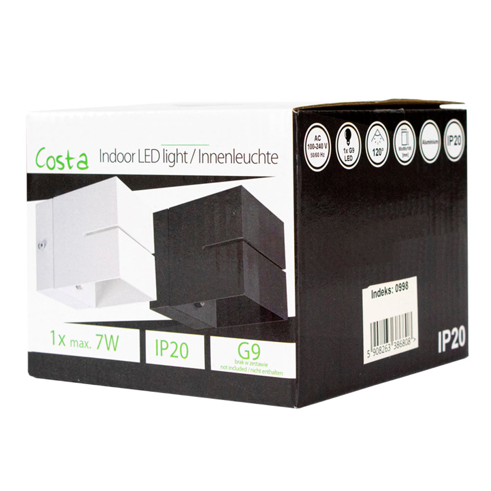 Verpackung der Costa Indoor-LED-Leuchte/IP20-Wandleuchte, mit einer Seitenansicht der Schachtel, die die weiße und schwarze Version der Leuchte zeigt, geeignet für G9-LEDs bis zu 7 W.