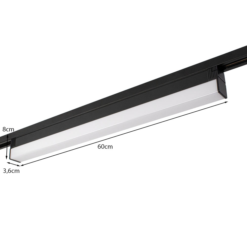 Schwarz-weißer LED-Schienenstrahler, 60 cm lang, Seitenansicht mit Maßangabe (8 cm hoch, 3,6 cm tief), geeignet für die Schienenbeleuchtung in modernen Innenräumen.
