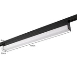 Schwarz-weißer LED-Schienenstrahler, 60 cm lang, Seitenansicht mit Maßangabe (8 cm hoch, 3,6 cm tief), geeignet für die Schienenbeleuchtung in modernen Innenräumen.