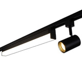 Schwarze Schienenbeleuchtung mit LED-Strahler und linearer LED-Leiste, Seitenansicht einer modernen Deckenleuchte für Geschäfte oder Galerien.