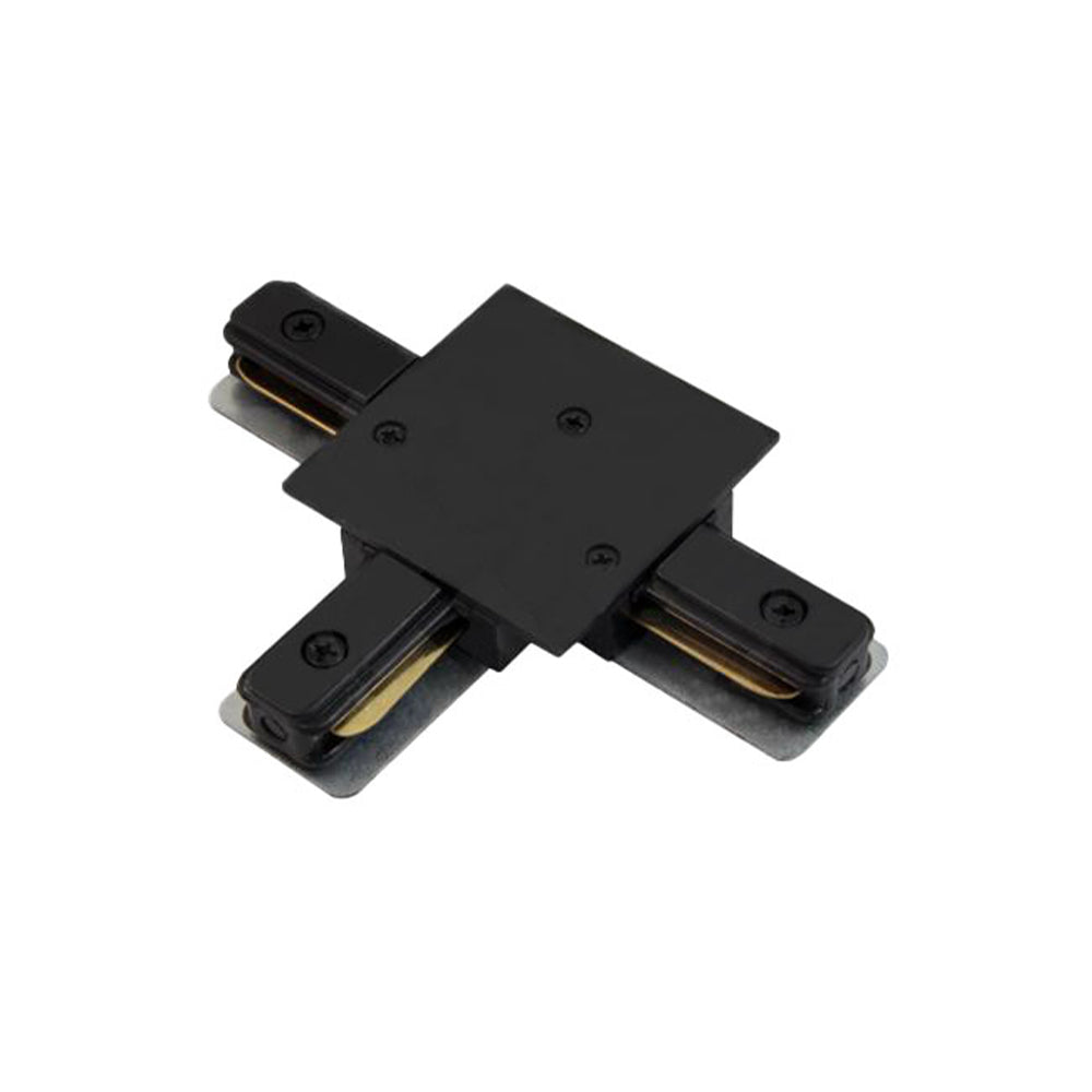 Schwarzer X-Verbinder für 3-Phasen-Schienensysteme, Draufsicht. Ideal zum Verbinden von vier Schienen in Kreuzkonfiguration an Lichtschienen.