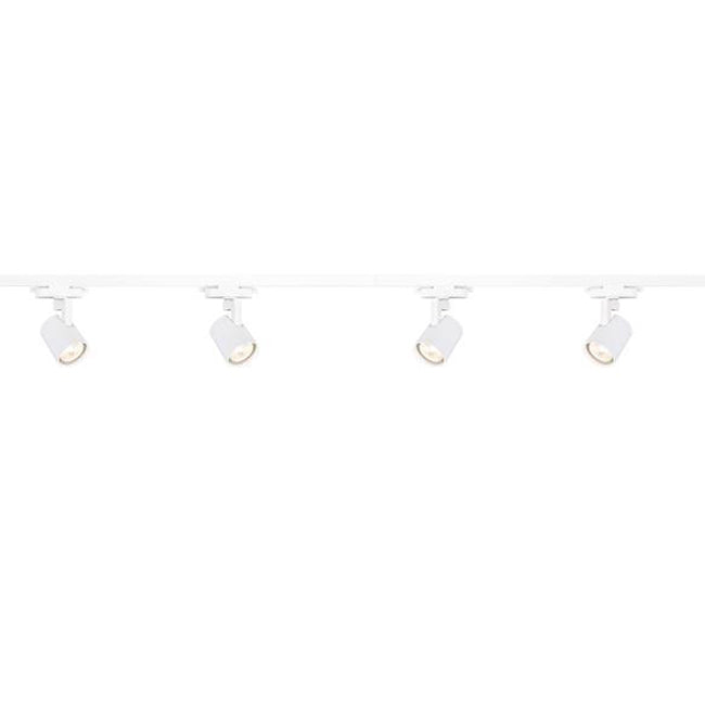 Weißes Deckenschienensystem mit vier verstellbaren LED-Strahlern, Vorderansicht. Moderne Schienenbeleuchtung, ideal für fokussierte Beleuchtung in Wohn- oder Arbeitsräumen.