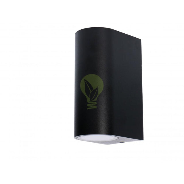 Moderne schwarze LED-Außenwandleuchte, Up & Down-Light-Design, Frontansicht schräg von unten gesehen.