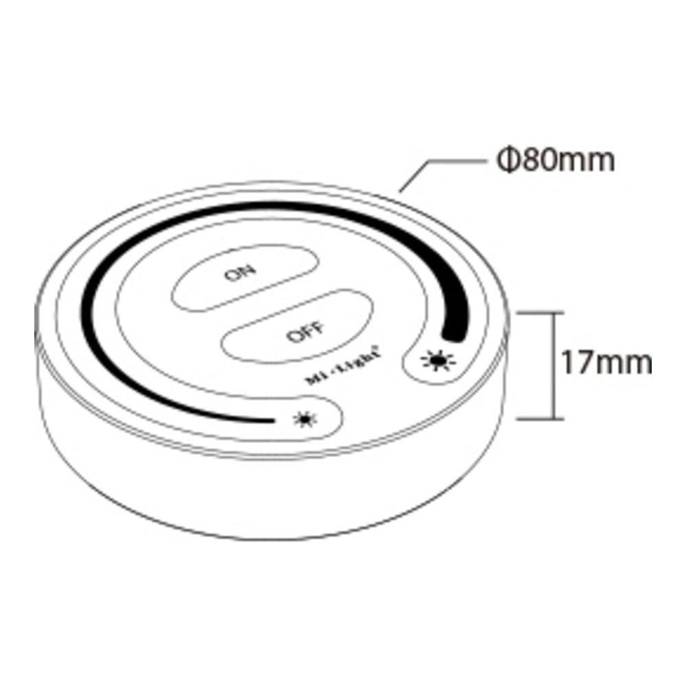 Technische Zeichnung einer runden LED-Touch-Lampe mit Ein-/Aus-Tasten, Modell MI-Light, mit 80 mm Durchmesser und 17 mm Höhe; abgebildet ist die Draufsicht.