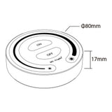 Technische Zeichnung einer runden LED-Touch-Lampe mit Ein-/Aus-Tasten, Modell MI-Light, mit 80 mm Durchmesser und 17 mm Höhe; abgebildet ist die Draufsicht.