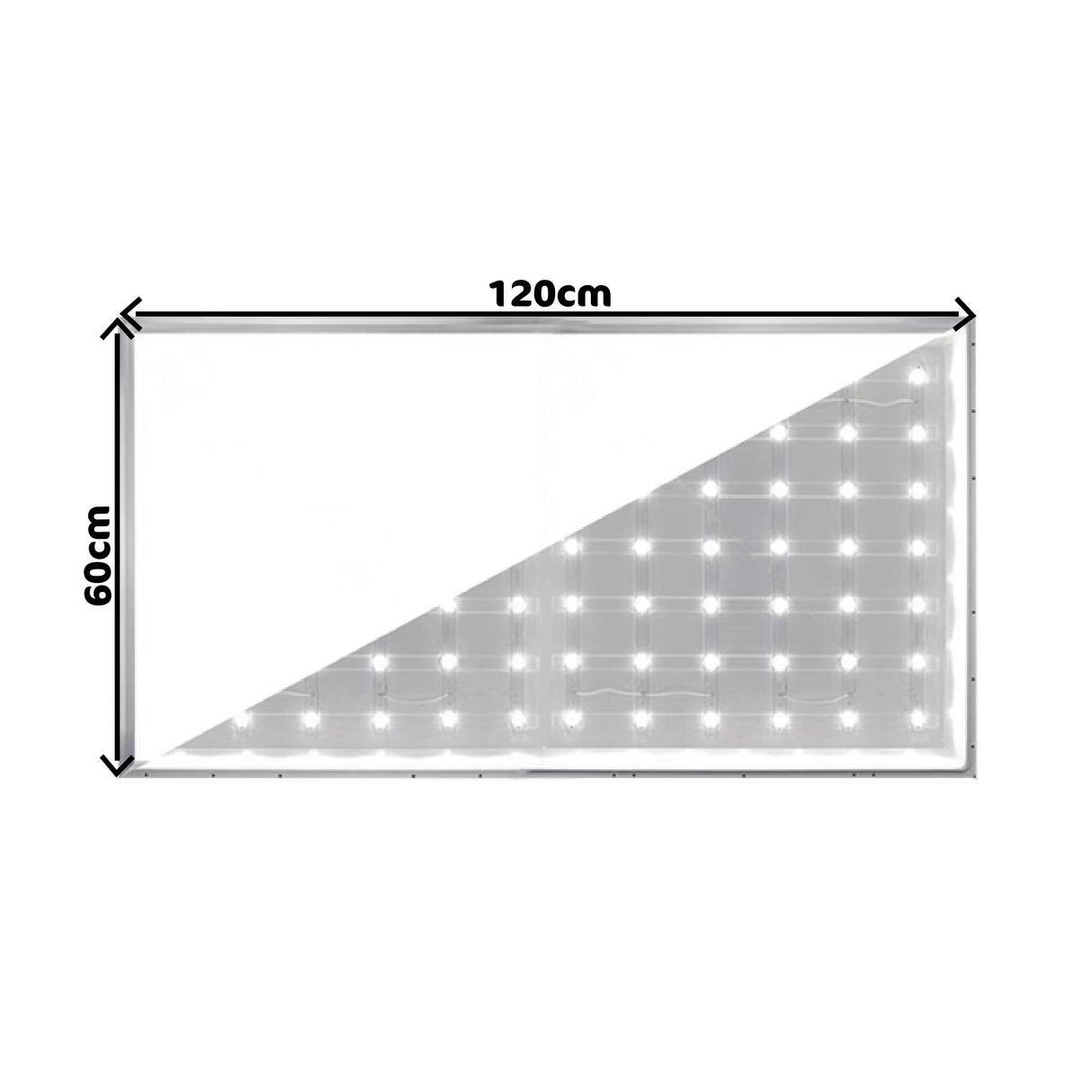 LED-Panel 120x60 cm mit hellweißer Beleuchtung, Vorderansicht mit abgebildeten Abmessungen.