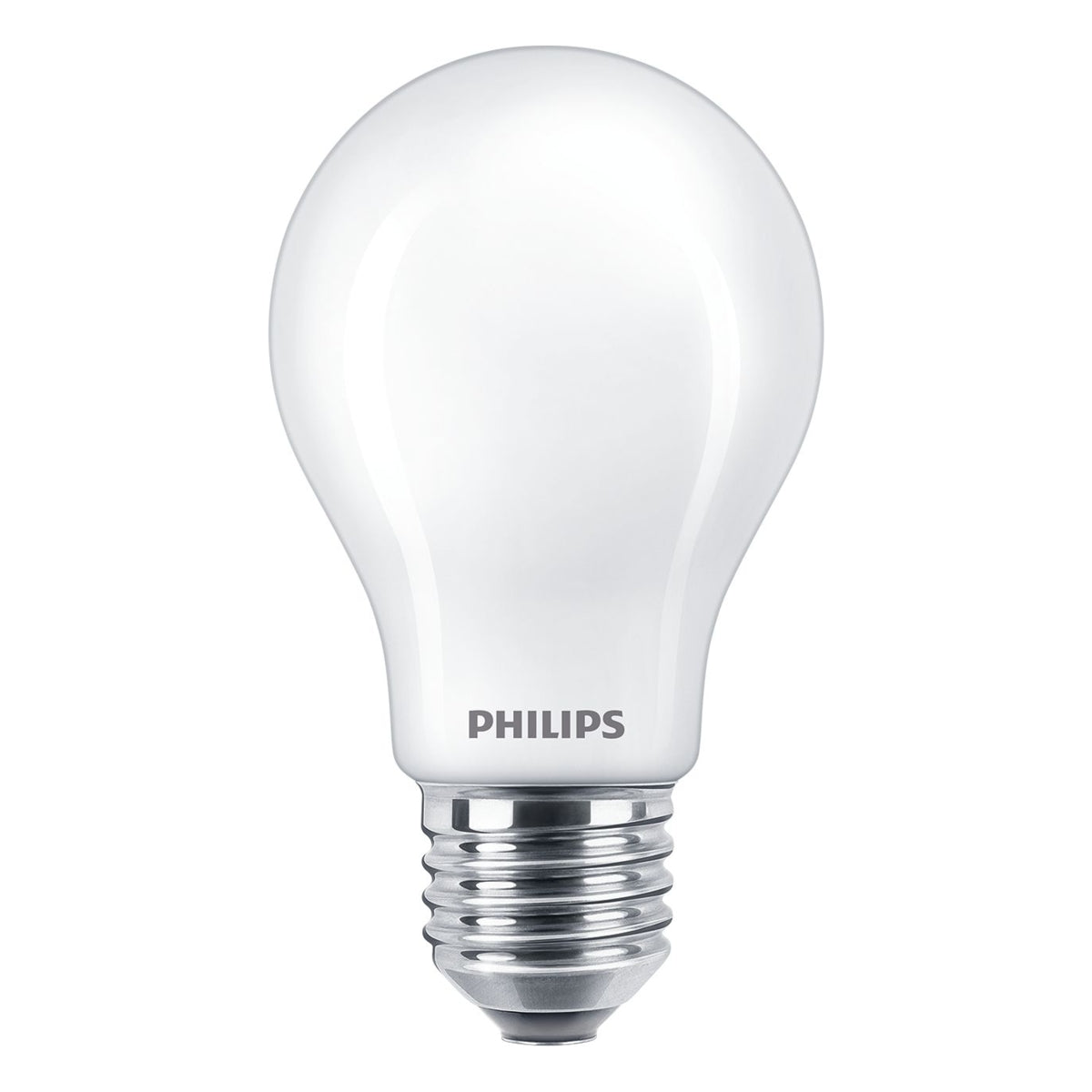 Philips LED-Lampe in klassischer Birnenform, E27-Fassung, Vorderansicht vor weißem Hintergrund.