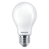 Philips LED-Lampe in klassischer Birnenform, E27-Fassung, Vorderansicht vor weißem Hintergrund.