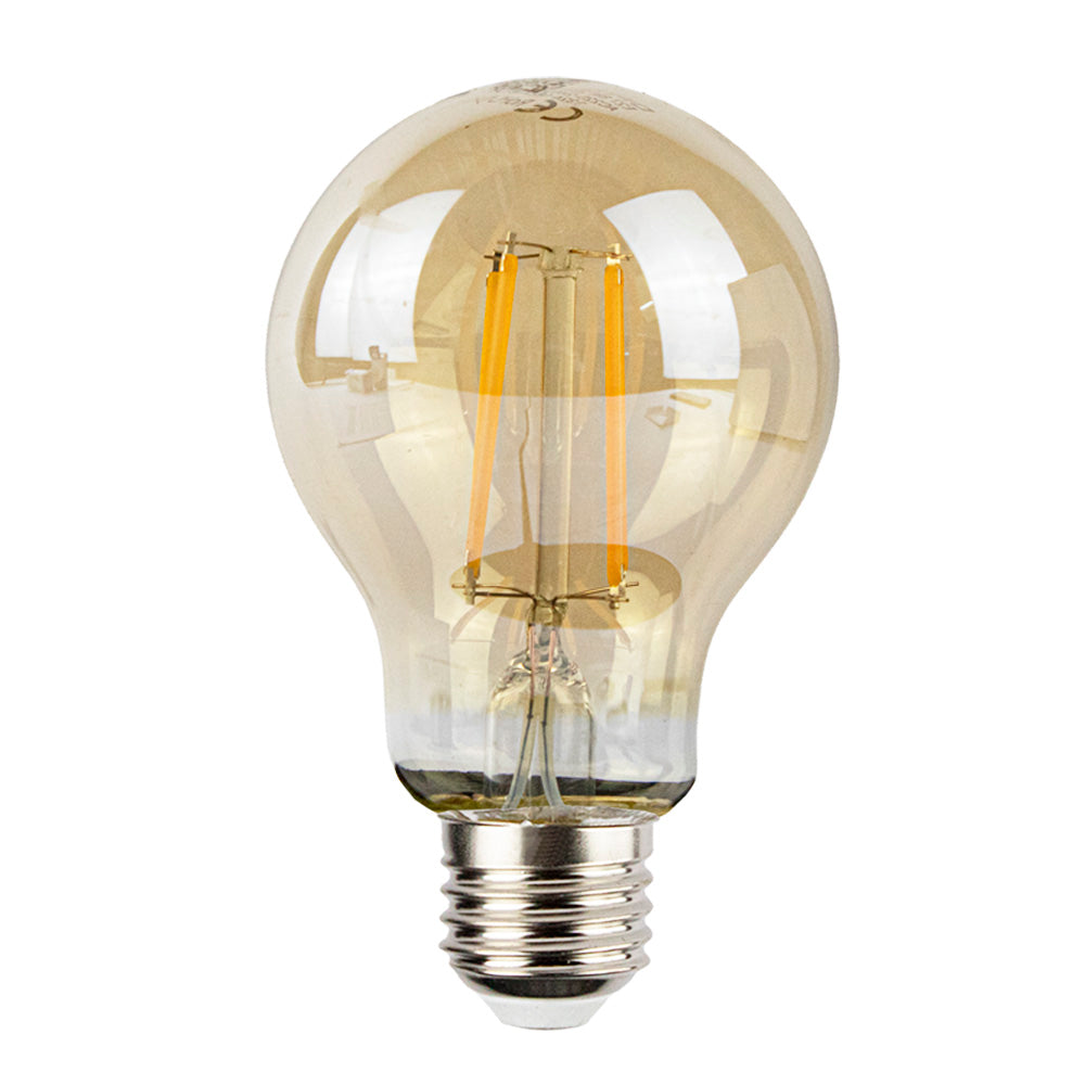 LED-Filamentlampe mit E27-Fassung und bernsteinfarbenem Glas, Frontansicht, geeignet für dekorative Beleuchtung im Vintage-Look.