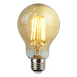 LED-Filamentlampe mit E27-Fassung und bernsteinfarbenem Glas, von vorne sichtbar mit brennendem warmen Licht für dekorative und stimmungsvolle Beleuchtung.
