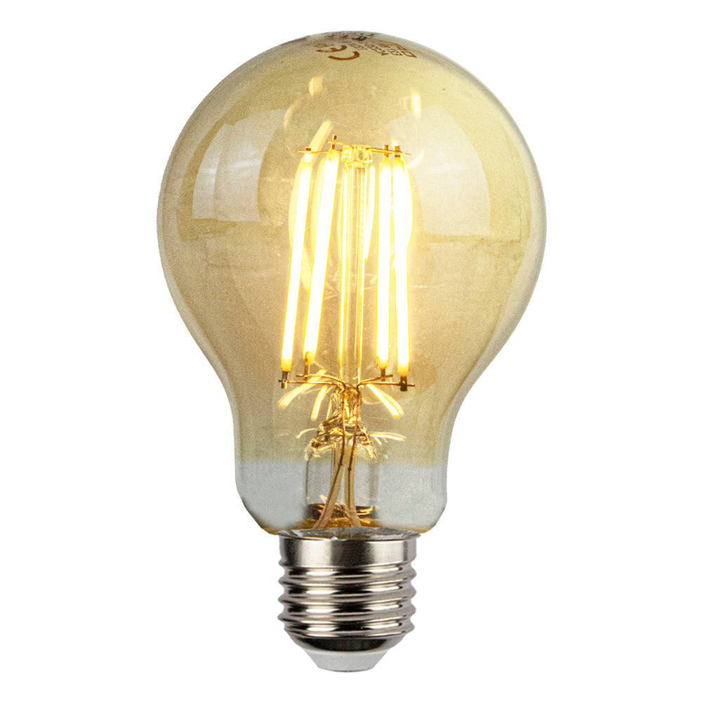 LED-Filamentlampe mit E27-Fassung und bernsteinfarbenem Glas, von vorne sichtbar mit brennendem warmen Licht für dekorative und stimmungsvolle Beleuchtung.