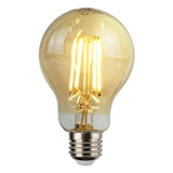 LED-Filamentlampe mit E27-Fassung und bernsteinfarbenem Glas, von vorne sichtbar mit brennendem warmen Licht für dekorative und stimmungsvolle Beleuchtung.