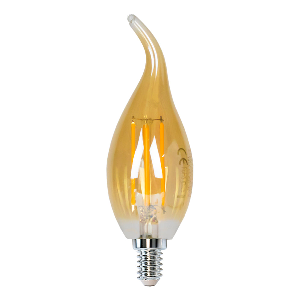 LED-Filamentlampe in Kerzenform mit E14-Fassung und Spiralspitze, bernsteinfarbenes Glas – Vorderansicht.