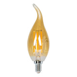 LED-Filamentlampe in Kerzenform mit E14-Fassung und Spiralspitze, bernsteinfarbenes Glas – Vorderansicht.