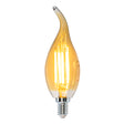 LED-Filamentlampe in Kerzenform mit E14-Fassung und bernsteinfarbenem Glas, Frontansicht.
