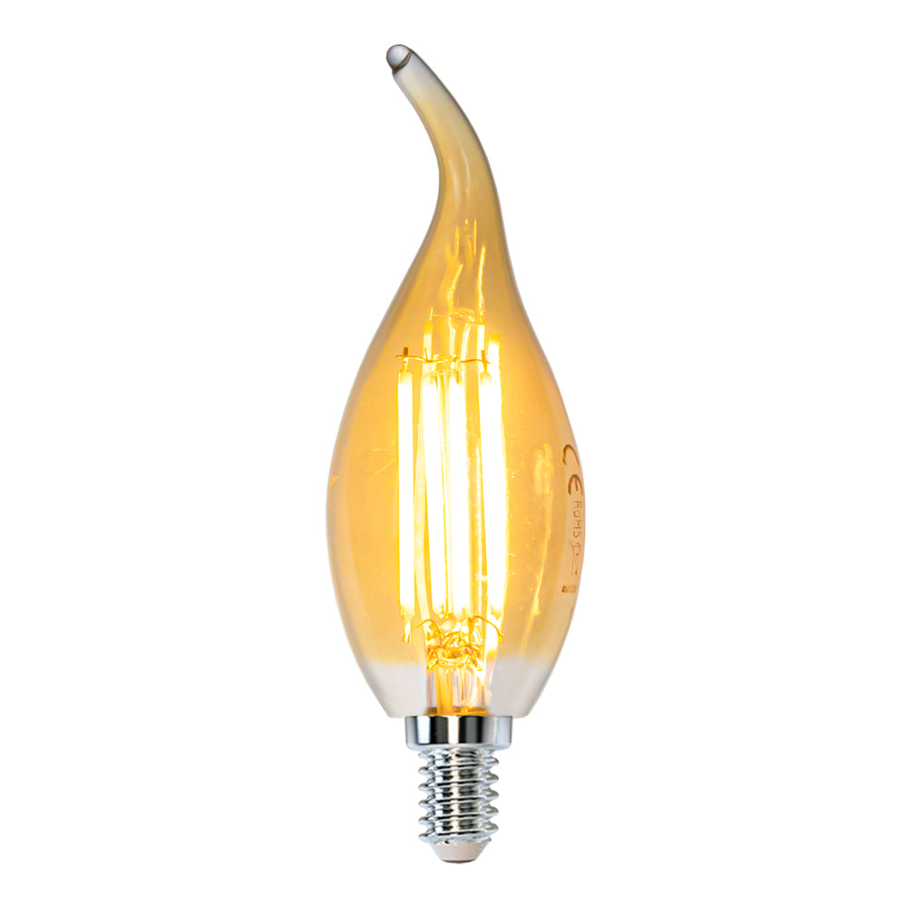 LED-Filamentlampe in Kerzenform mit E14-Fassung und bernsteinfarbenem Glas, Frontansicht.
