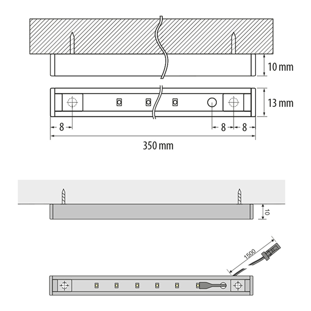 Technische Zeichnung einer 350 mm langen LED-Unterbauleuchte, mit Draufsicht, Frontansicht und Seitenansicht, inkl. Maßangaben für Höhe (13 mm), Tiefe (10 mm) und Bohrabstand, geeignet zur Montage unter Schränken oder Regalen.