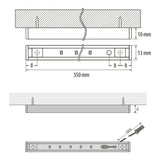 Technische Zeichnung einer 350 mm langen LED-Unterbauleuchte, mit Draufsicht, Frontansicht und Seitenansicht, inkl. Maßangaben für Höhe (13 mm), Tiefe (10 mm) und Bohrabstand, geeignet zur Montage unter Schränken oder Regalen.