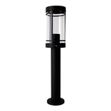 Schwarze, moderne Außenmastleuchte mit zylindrischem Design und klarem Glasgehäuse, Frontalansicht vor weißem Hintergrund.