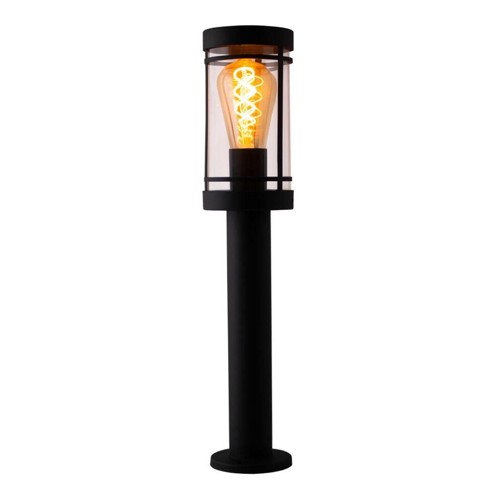 Schwarze moderne Außenlampe mit Retro-Glühbirne, Zylinderdesign und Glasabdeckung, Vorderansicht auf weißem Hintergrund.