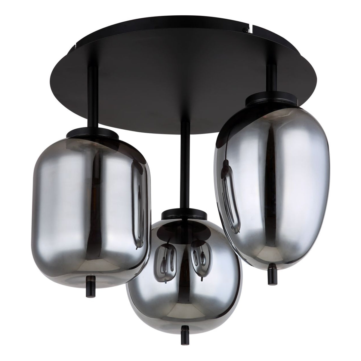Nahaufnahme der Vorderansicht einer modernen schwarzen Deckenlampe mit drei ovalen Schirmen aus Rauchglas, stilvolles Design für Wohnzimmer oder Flur.