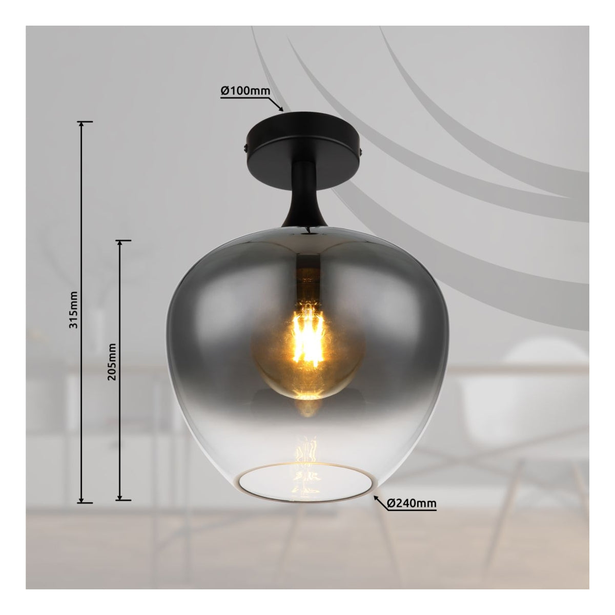 Plafondlamp MAXY ø24CM  E27 1-Lichts Smoked