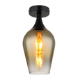 Moderne Deckenleuchte mit Rauchglasschirm und sichtbarer Glühlampe, frontal vor weißem Hintergrund fotografiert.
