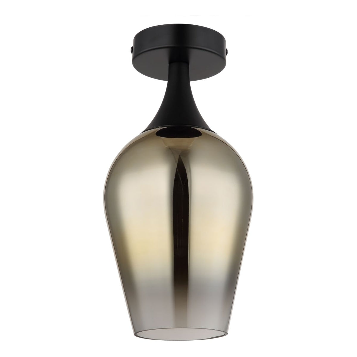 Moderne Deckenleuchte mit Rauchglas und schwarzer Metallfassung, Frontansicht.