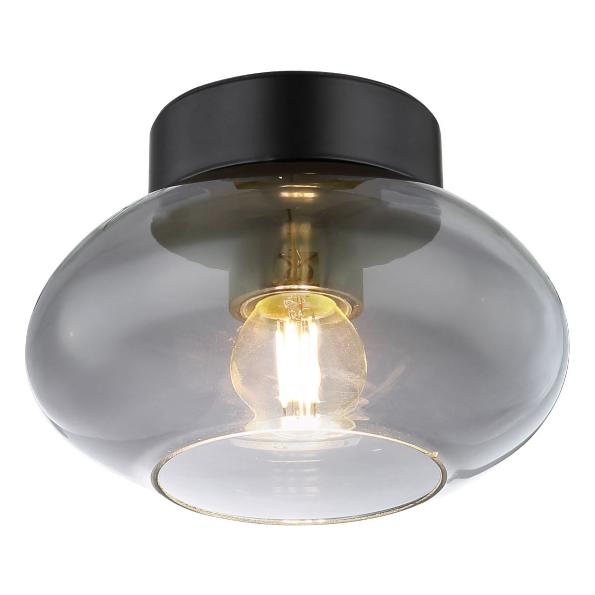 Moderne schwarze Deckenleuchte mit transparentem Rauchglasschirm und sichtbarer Glühfadenlampe, schräg von unten fotografiert.
