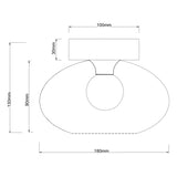 Technische Strichzeichnung einer Deckenleuchte mit ovaler Form und runder Lichtquelle, Vorderansicht mit den Abmessungen 180 mm Breite, 130 mm Höhe und 100 mm breiter Deckenmontageblock.