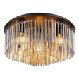 Luxuriöse Deckenleuchte mit Glasstäben und Chromoberfläche. Ihr zylindrisches Design bietet einen seitlichen Blick auf die brennenden Glühlampen und sorgt so für warmes und stilvolles Licht.