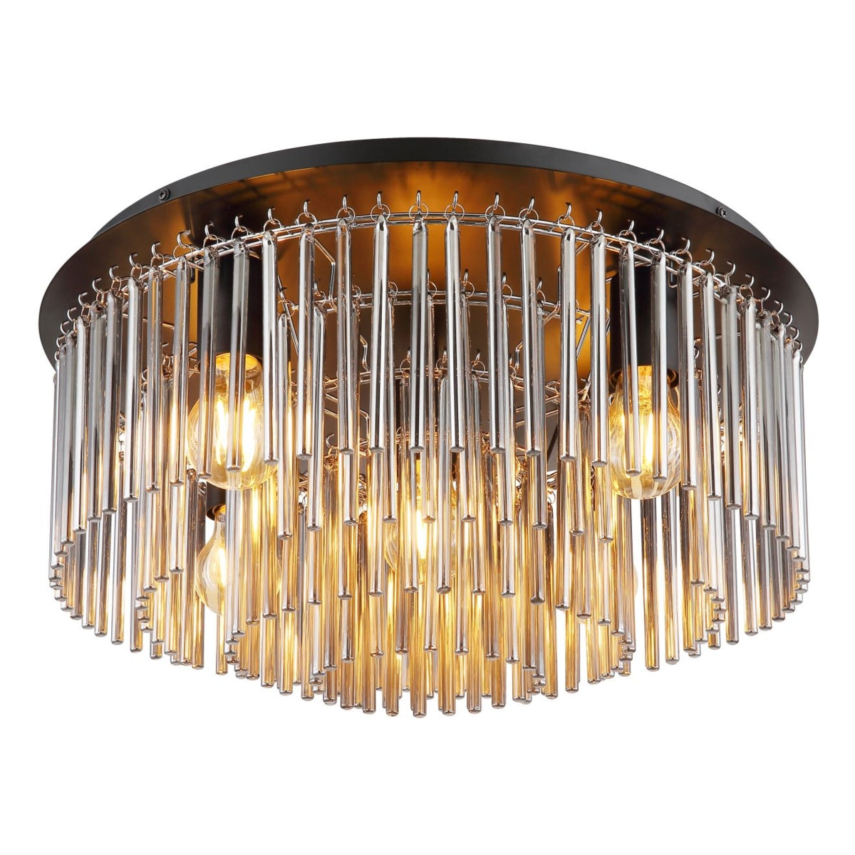 Luxuriöse Deckenleuchte mit Glasstäben und Chromoberfläche. Ihr zylindrisches Design bietet einen seitlichen Blick auf die brennenden Glühlampen und sorgt so für warmes und stilvolles Licht.