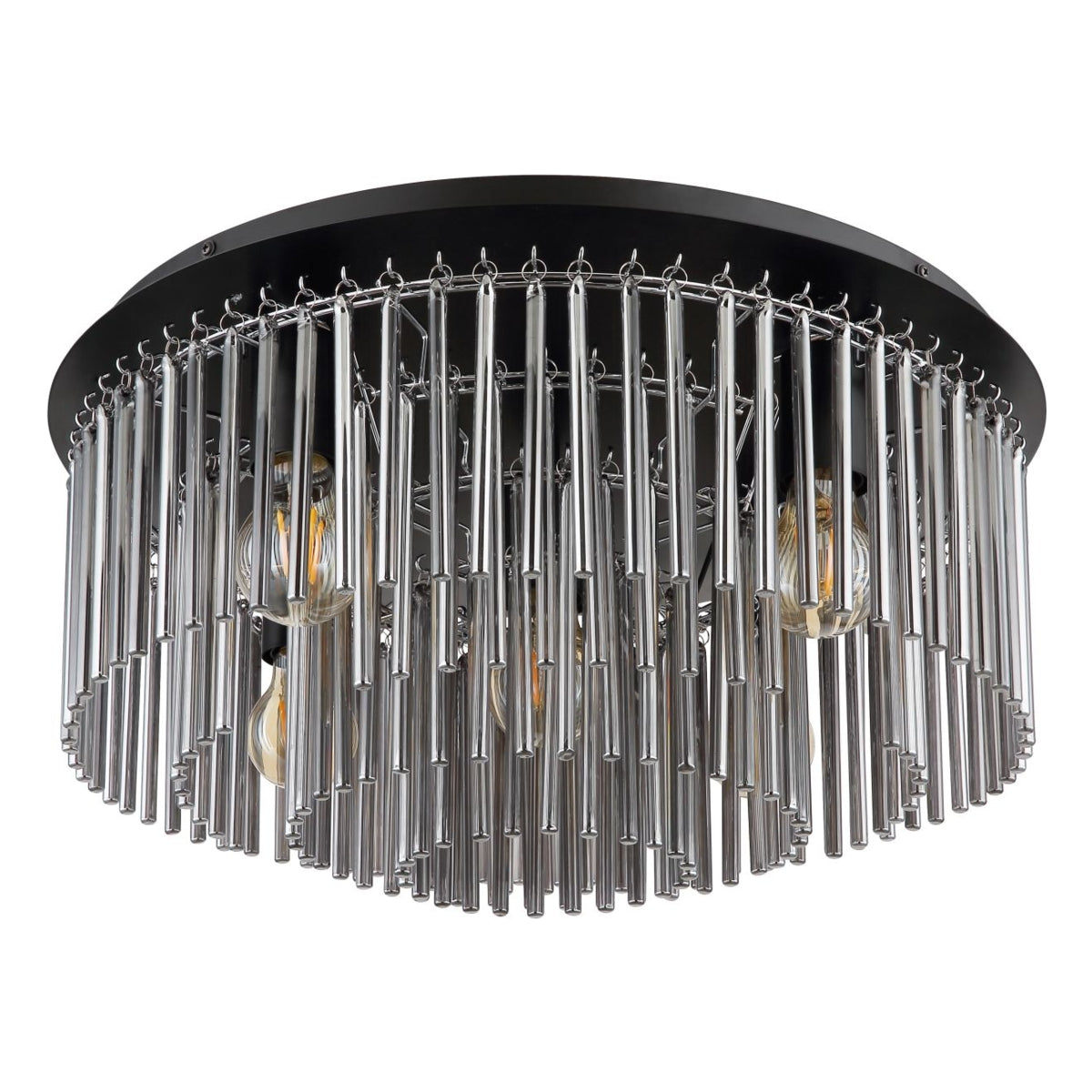Nahaufnahme einer modernen Deckenleuchte mit rundem, schwarzem Sockel und vertikalen, glänzenden Metallröhren, die die Leuchte umgeben und die darin befindlichen Glühlampen im Vintage-Stil zeigen.